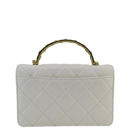 CHANEL Top Handle Flap Quilted Leather Shoulder Bag White