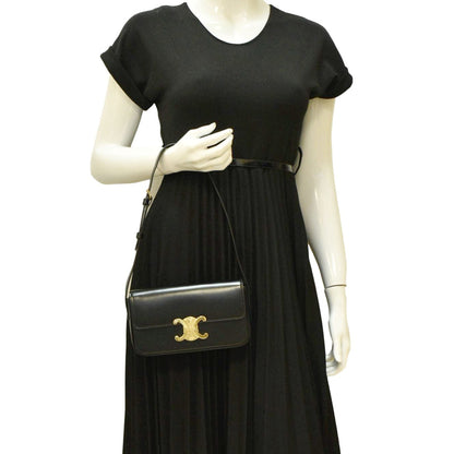 CELINE Triomphe Calfskin Leather Shoulder Bag Black