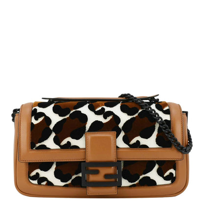 FENDI Baguette Leopard Print Calf Leather Shoulder Bag Brown