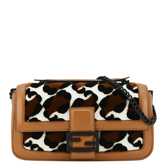 FENDI Baguette Leopard Print Calf Leather Shoulder Bag Brown