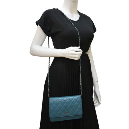 CHANEL WOC Quilted Leather Crossbody Wallet Light Blue