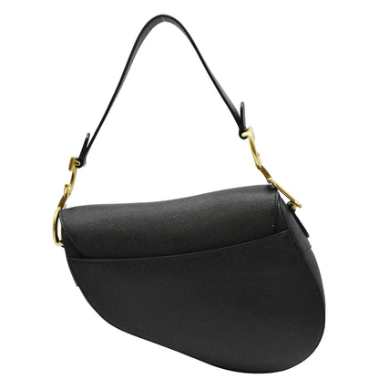 CHRISTIAN DIOR Saddle Grained Leather Satchel Shoulder Bag Black