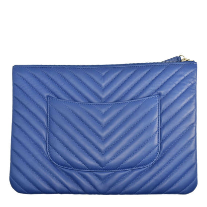 CHANEL O Case Chevron Leather Clutch Bag Blue