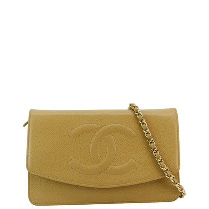CHANEL Timeless Caviar Leather Wallet On Chain Clutch Crossbody Bag Beige