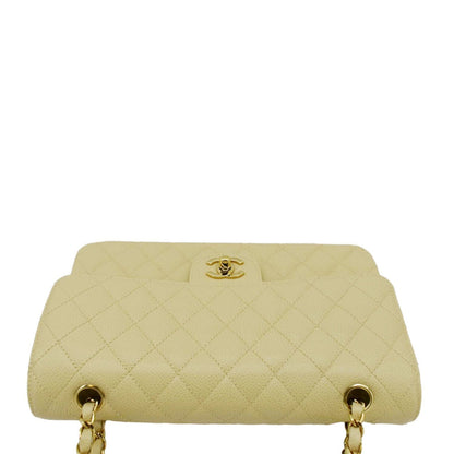 CHANEL Classic Double Flap Quilted Caviar Leather Shoulder Bag Cream