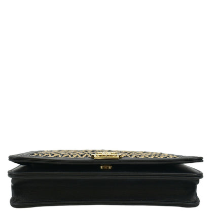 CHANEL Boy Flap Woven Raffia Leather Shoulder Bag Black