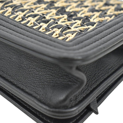 CHANEL Boy Flap Woven Raffia Leather Shoulder Bag Black