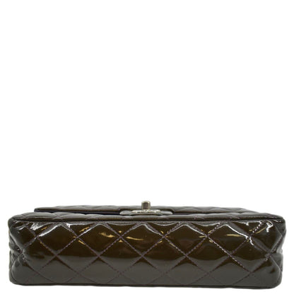 CHANEL Classic Medium Double Flap Patent Leather Shoulder Bag Dark Brown