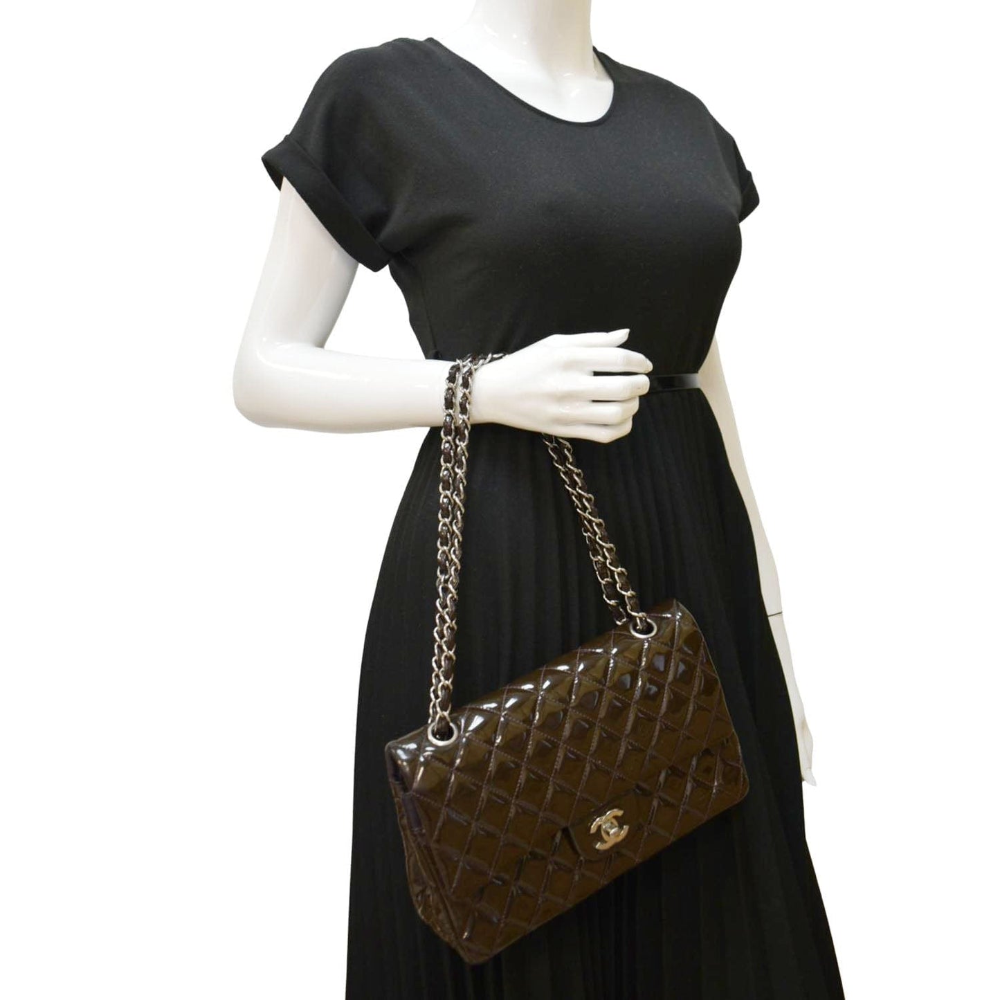 CHANEL Classic Medium Double Flap Patent Leather Shoulder Bag Dark Brown