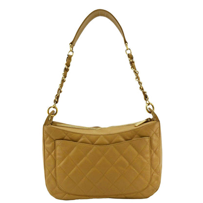 CHANEL Vintage Half Moon Quilted Caviar Leather Hobo Bag Dark Beige