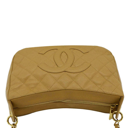CHANEL Vintage Half Moon Quilted Caviar Leather Hobo Bag Dark Beige