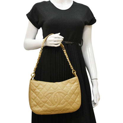 CHANEL Vintage Half Moon Quilted Caviar Leather Hobo Bag Dark Beige