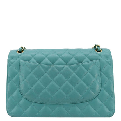 CHANEL Classic Double Flap Jumbo Quilted Caviar Leather Shoulder Bag Turquoise
