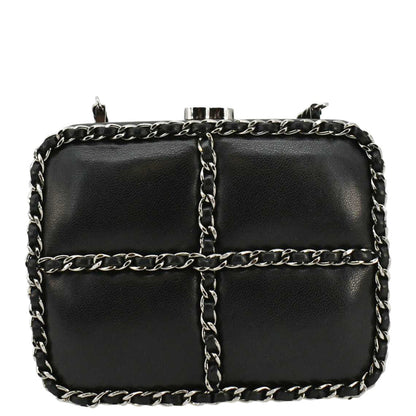 CHANEL Minaudiere Lambskin Leather Chain Clutch Crossbody Black