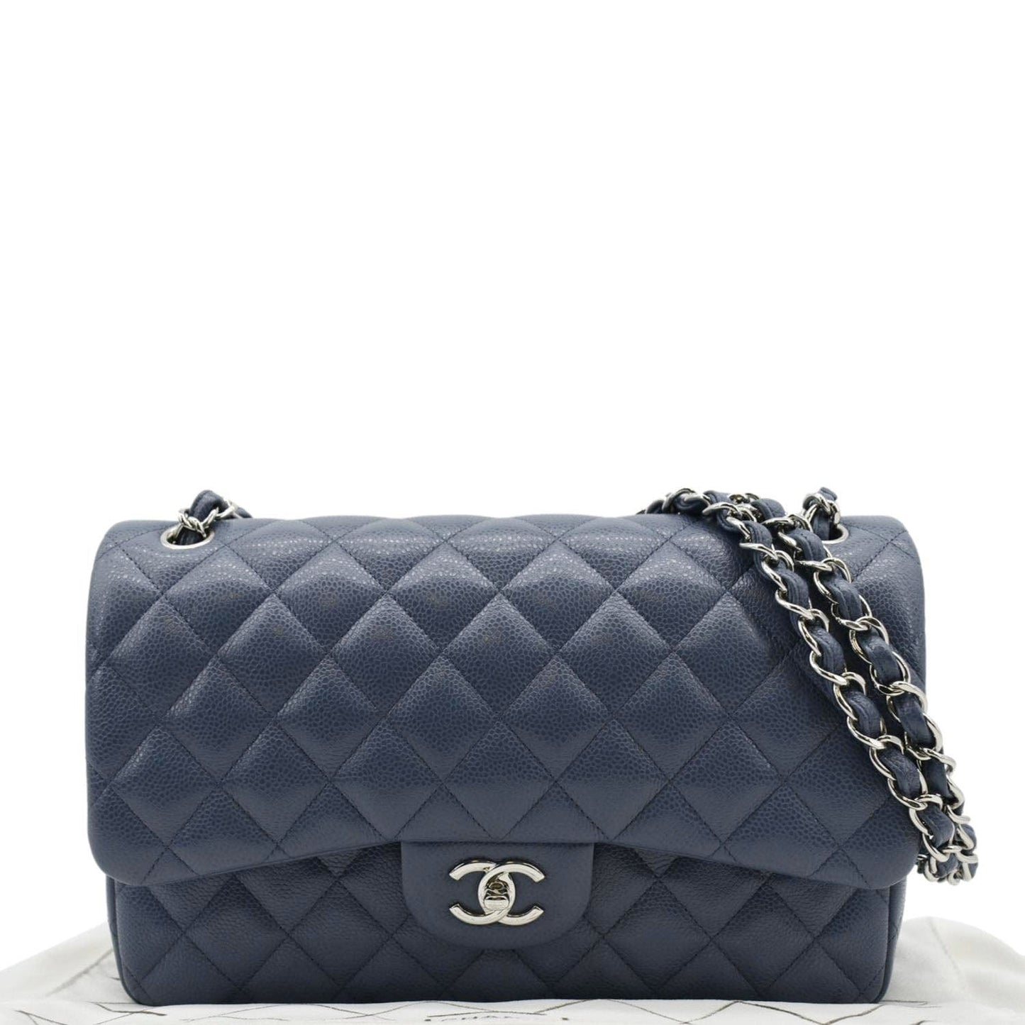 CHANEL Classic Jumbo Double Flap Quilted Caviar Leather Shoulder Bag Blue