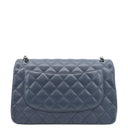 CHANEL Classic Jumbo Double Flap Quilted Caviar Leather Shoulder Bag Blue