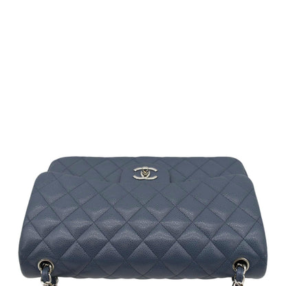 CHANEL Classic Jumbo Double Flap Quilted Caviar Leather Shoulder Bag Blue