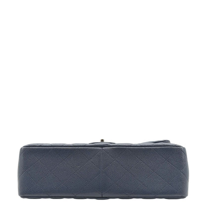 CHANEL Classic Jumbo Double Flap Quilted Caviar Leather Shoulder Bag Blue