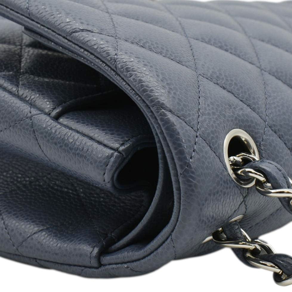 CHANEL Classic Jumbo Double Flap Quilted Caviar Leather Shoulder Bag Blue