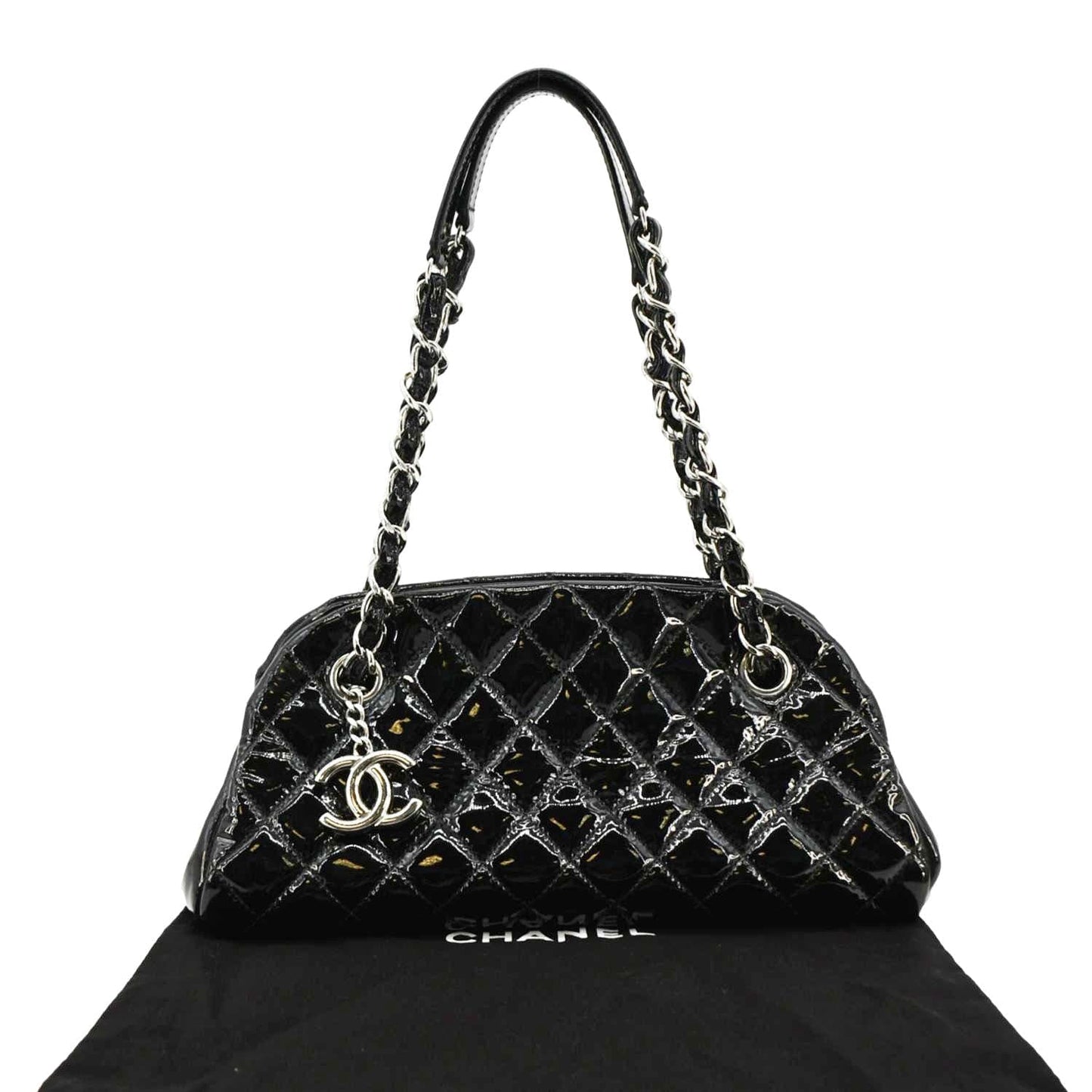 CHANEL Just Mademoiselle Bowling Small Quilted Patent Leather Shoulder Bag Black