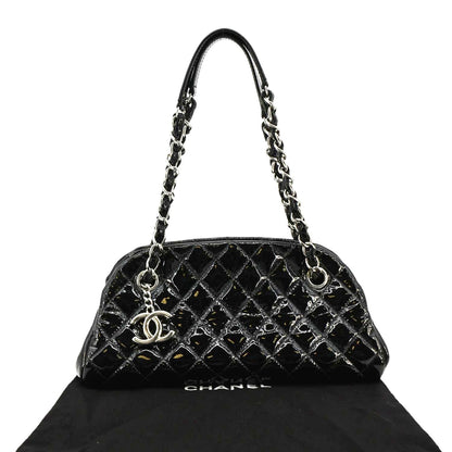 CHANEL Just Mademoiselle Bowling Small Quilted Patent Leather Shoulder Bag Black