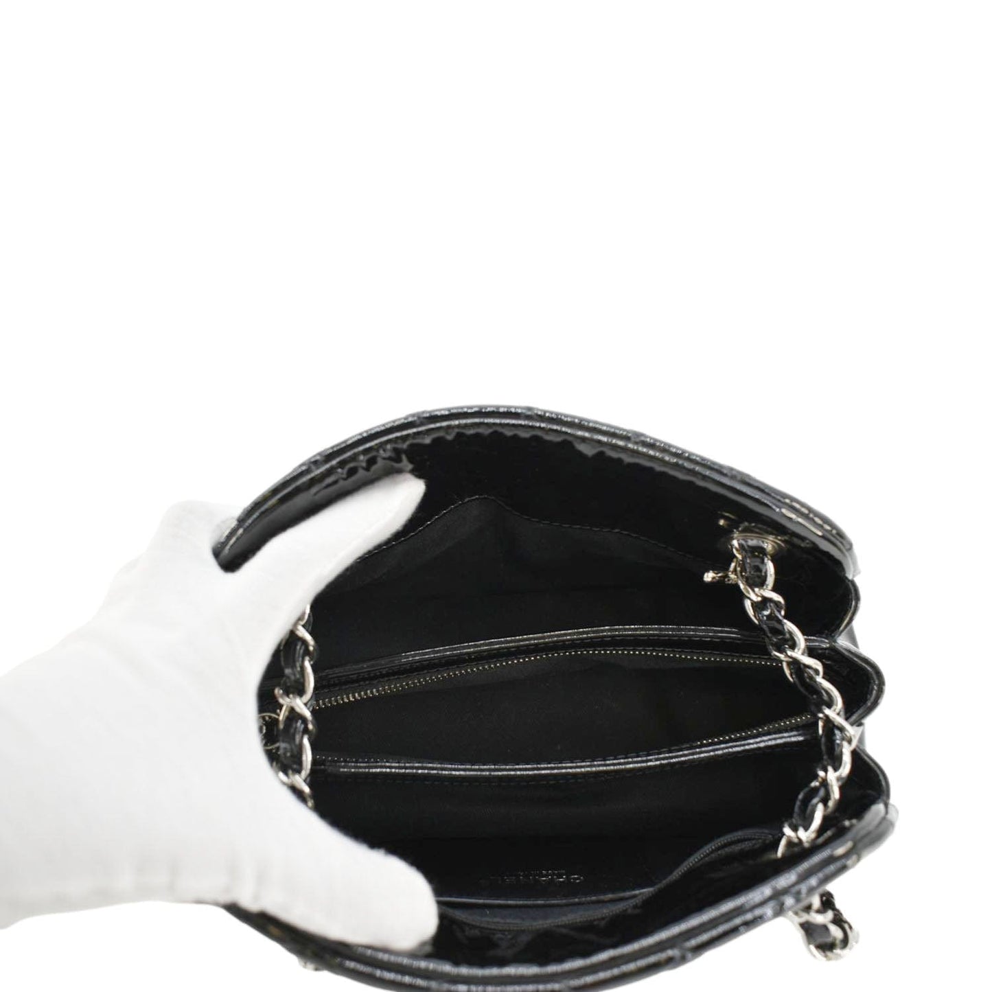 CHANEL Just Mademoiselle Bowling Small Quilted Patent Leather Shoulder Bag Black