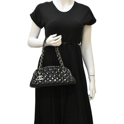 CHANEL Just Mademoiselle Bowling Small Quilted Patent Leather Shoulder Bag Black
