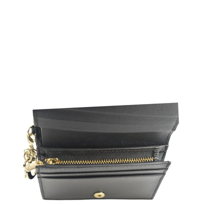 CHRISTIAN DIOR Lady Dior Gardenia Mini Cannage Lambskin Compact Wallet Black