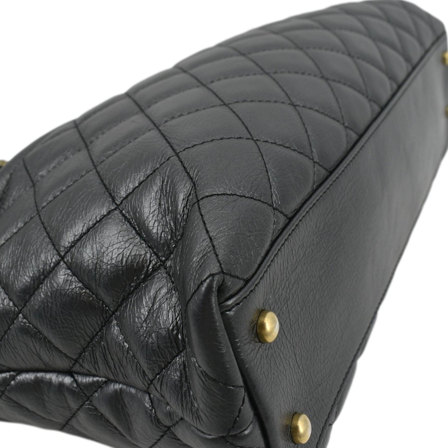 CHANEL Front CC Drawstring Quilted Leather Shopping Tote Bag Dark Grey