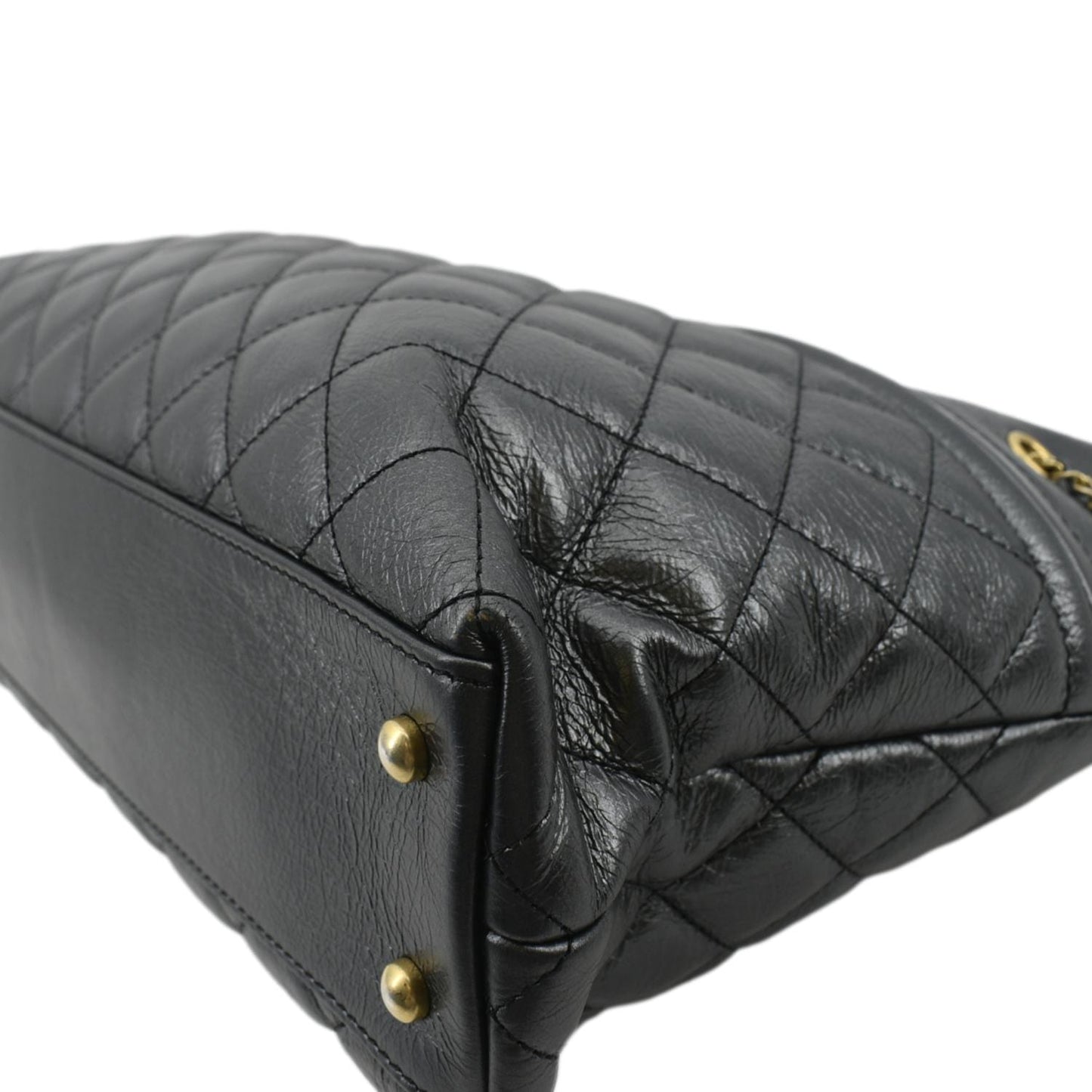 CHANEL Front CC Drawstring Quilted Leather Shopping Tote Bag Dark Grey