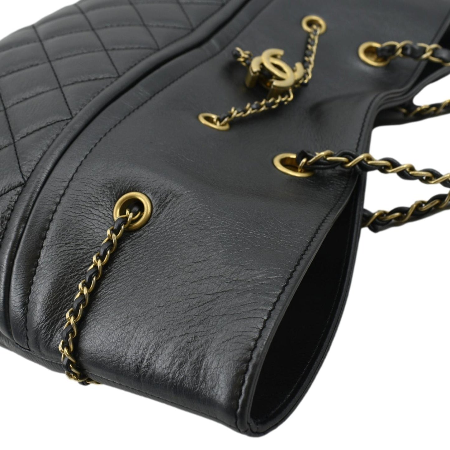 CHANEL Front CC Drawstring Quilted Leather Shopping Tote Bag Dark Grey