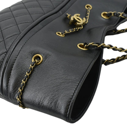 CHANEL Front CC Drawstring Quilted Leather Shopping Tote Bag Dark Grey