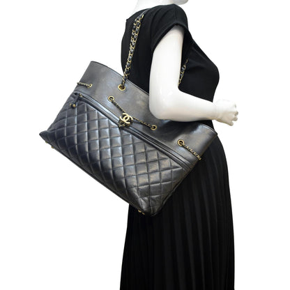 CHANEL Front CC Drawstring Quilted Leather Shopping Tote Bag Dark Grey