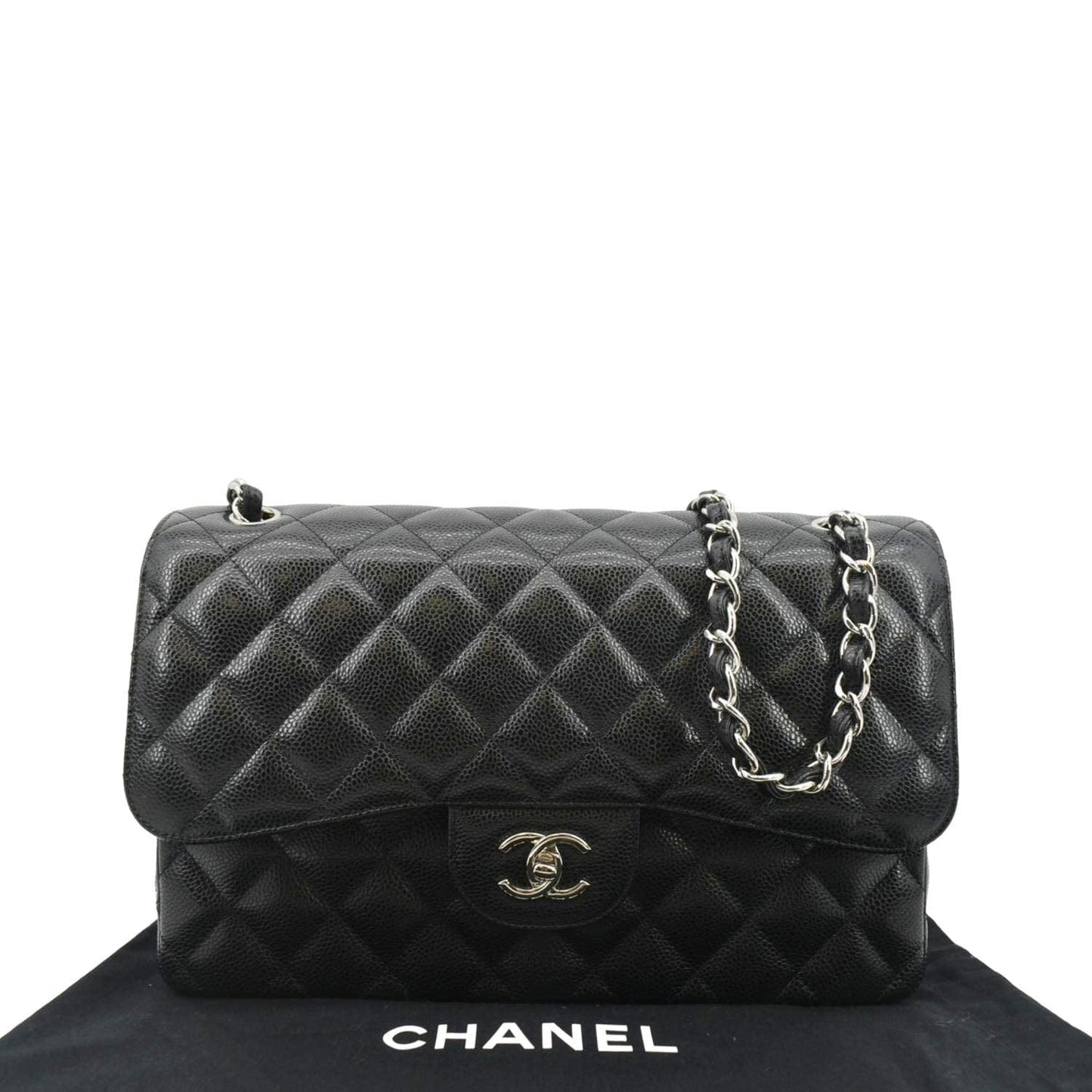 CHANEL Classic Jumbo Double Flap Quilted Caviar Leather Shoulder Bag Black