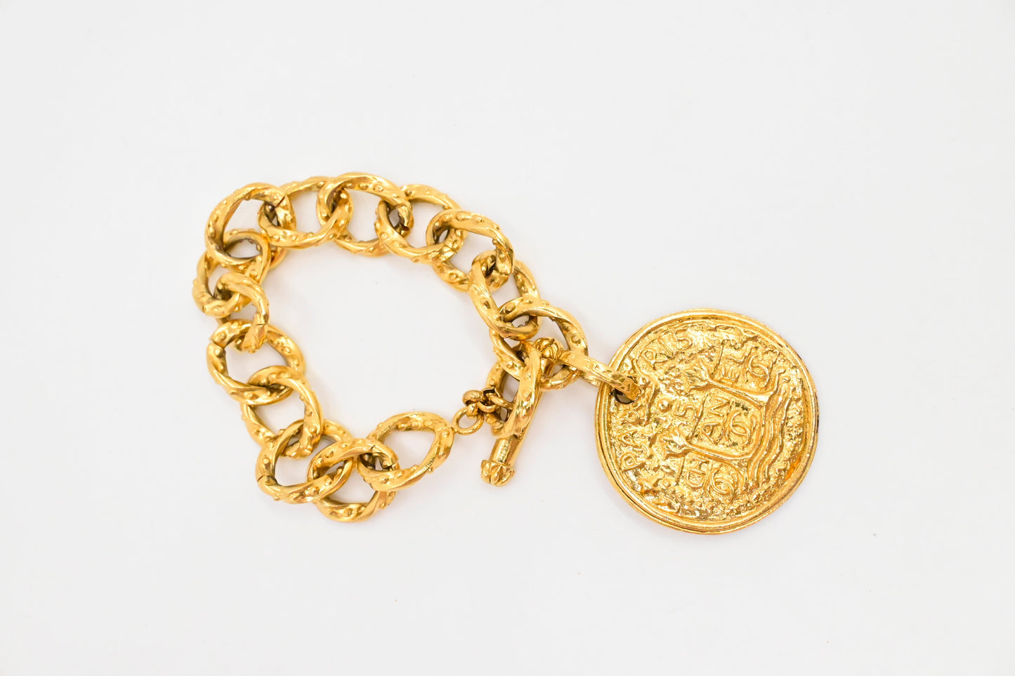 Chanel Gold Logo Round Medallion Chain Link Bracelet