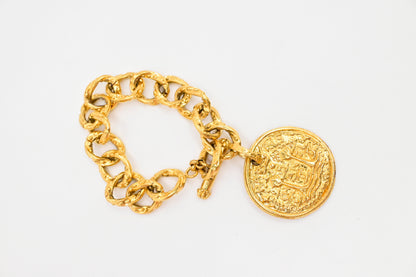 Chanel Gold Logo Round Medallion Chain Link Bracelet