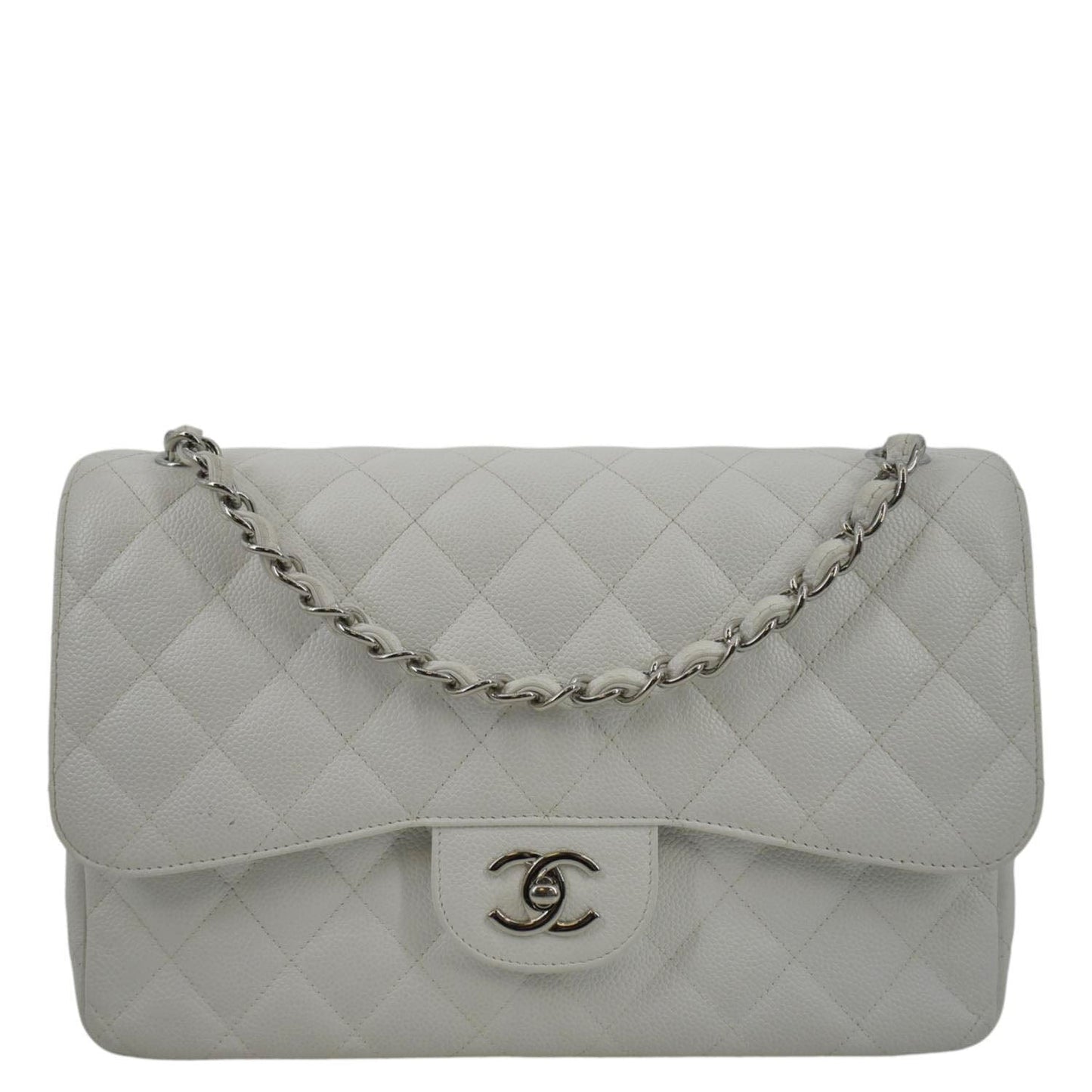 CHANEL Jumbo Double Flap Quilted Caviar Leather Shoulder Bag White