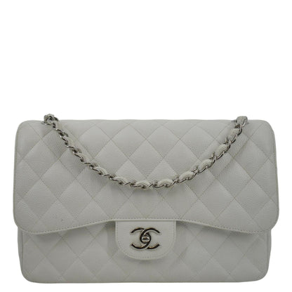 CHANEL Jumbo Double Flap Quilted Caviar Leather Shoulder Bag White