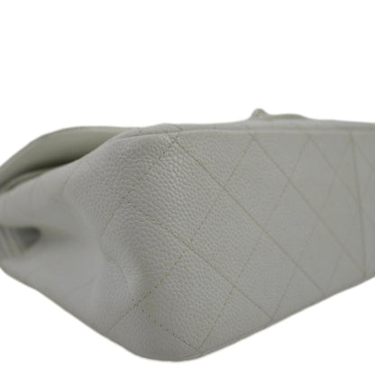 CHANEL Jumbo Double Flap Quilted Caviar Leather Shoulder Bag White