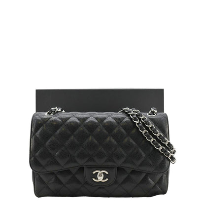 CHANEL Classic Jumbo Double Flap Quilted Caviar Leather Shoulder Bag Black