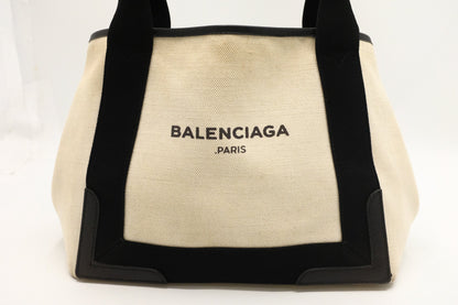 Balenciaga Navy Cabas Small Tote in Ecru and Black Canvas