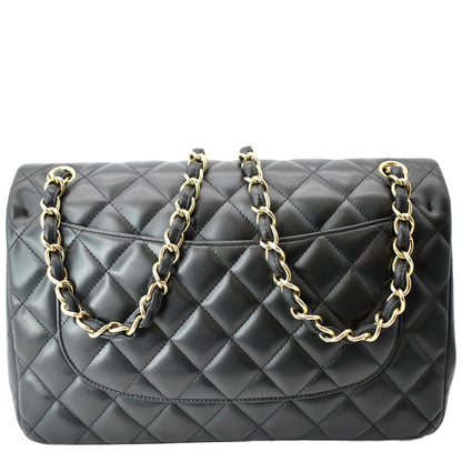 CHANEL Classic Jumbo Double Flap Lambskin Leather Shoulder Bag Black
