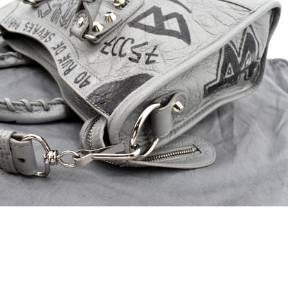 BALENCIAGA Graffiti Classic City Small Leather Top Handle Shoulder Bag Gray