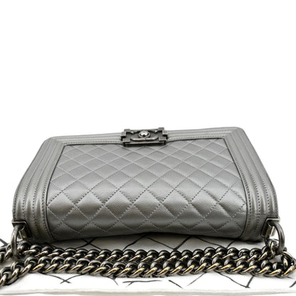CHANEL Boy Flap Caviar Leather Crossbody Bag Grey