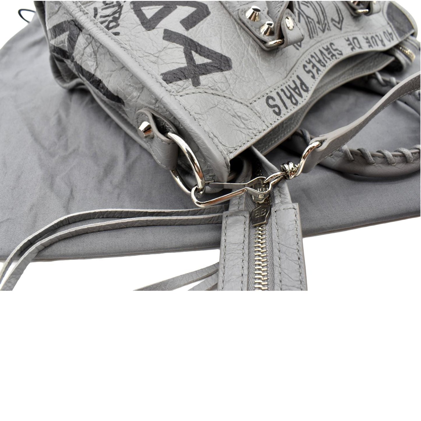 BALENCIAGA Graffiti Classic City Small Leather Top Handle Shoulder Bag Gray