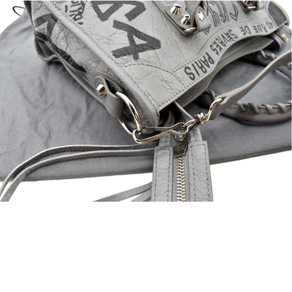 BALENCIAGA Graffiti Classic City Small Leather Top Handle Shoulder Bag Gray