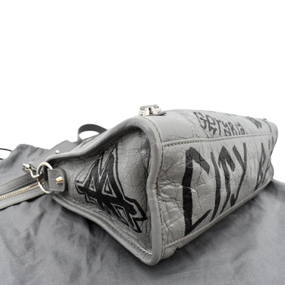 BALENCIAGA Graffiti Classic City Small Leather Top Handle Shoulder Bag Gray