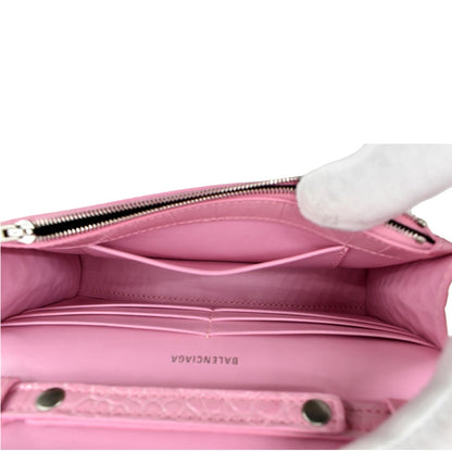 BALENCIAGA Hourglass Crocodile Embossed Chain Wallet Pink