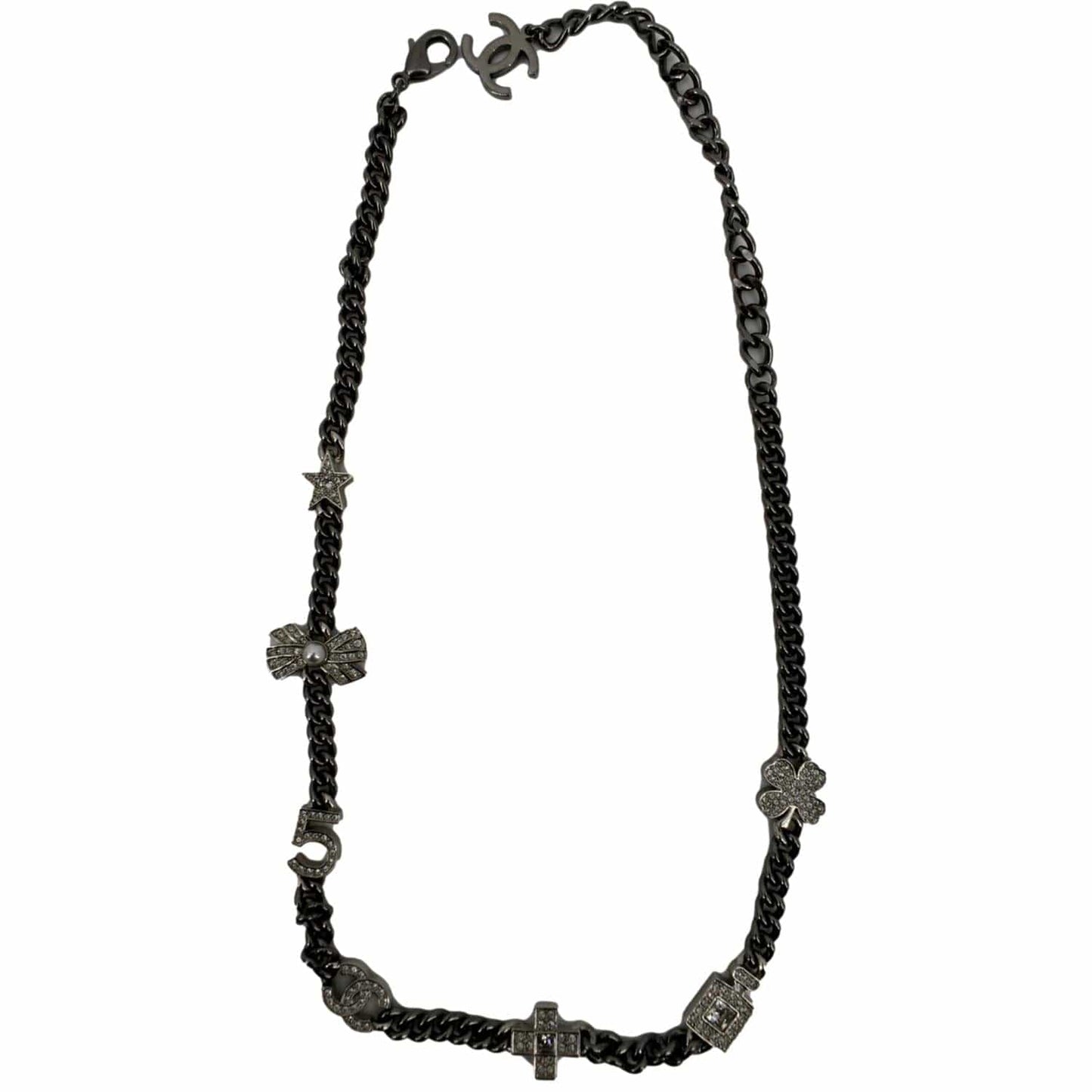 CHANEL CC Star Pearl Round Metal Necklace Silver
