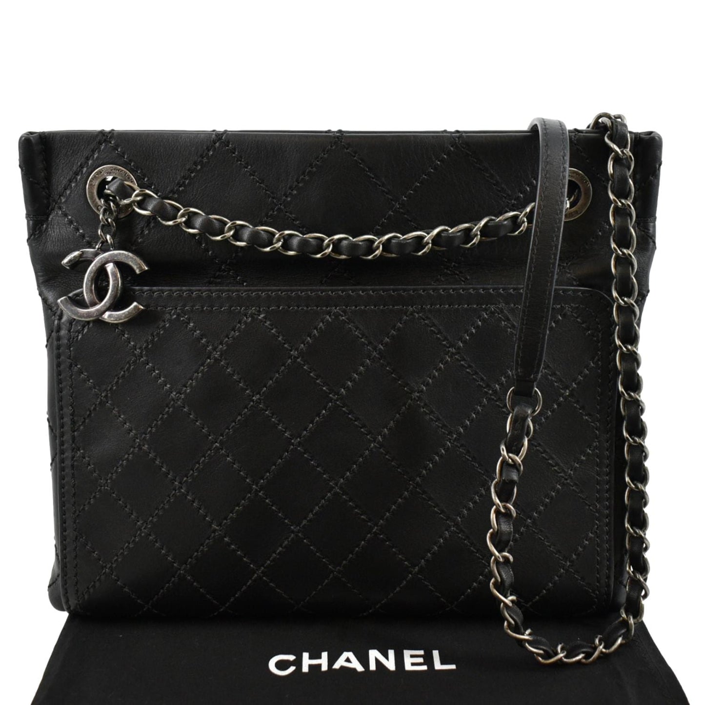 CHANEL Stitched CC Pocket Leather Shoulder Bag Black